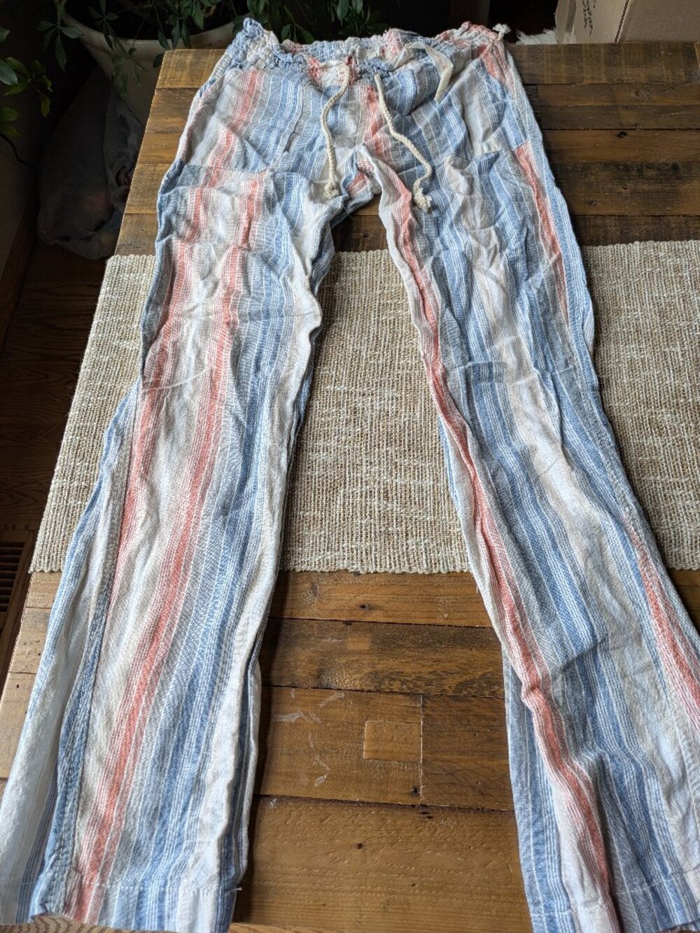 NWT april kiss linen beach pants wide leg rope drawstring stripes size M #572